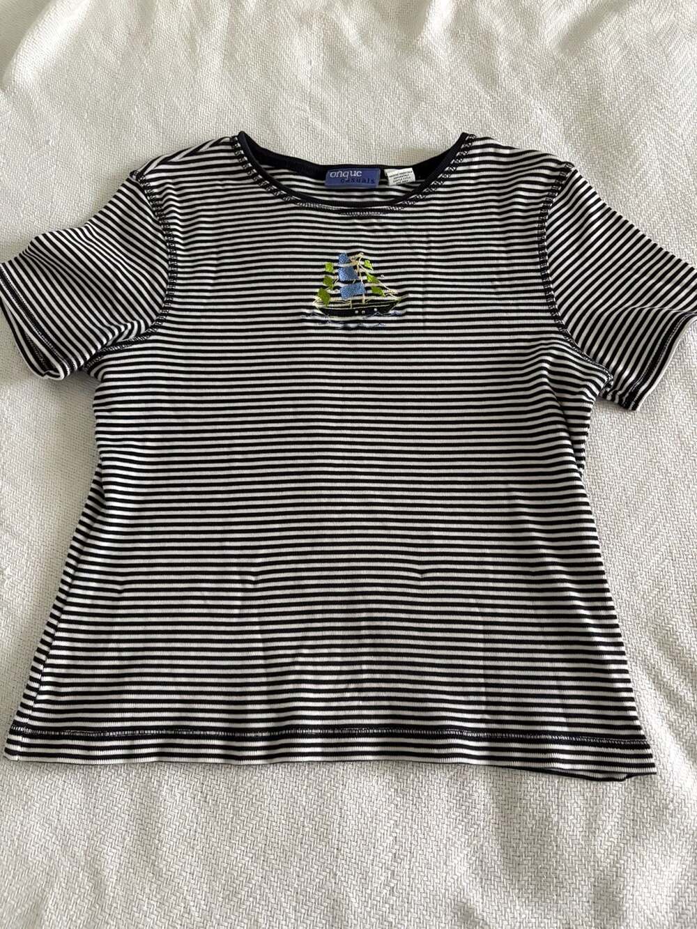 Onque Casuals Women's Black and White Striped Short Sleeve T-Shirt with Embroide
